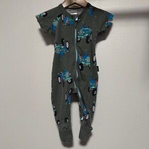 Bonds Zip Wondersuit baby romper with a green tractor print